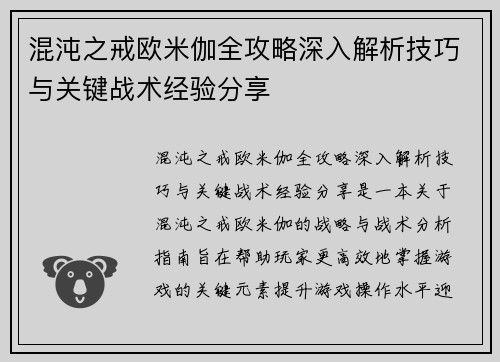 混沌之戒欧米伽全攻略深入解析技巧与关键战术经验分享